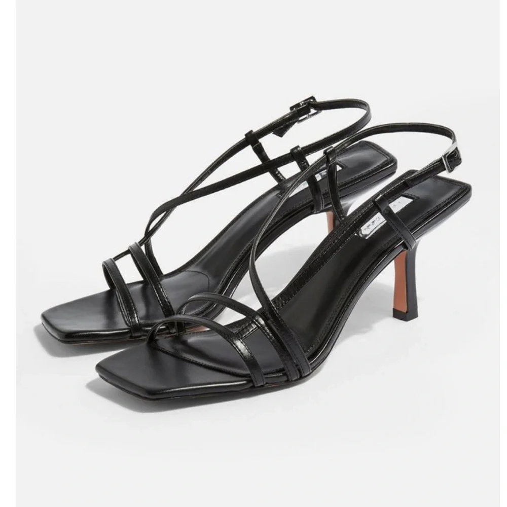 Topshop Strippy Squared Heeled Leather Sandals - Picture 1 of 4
